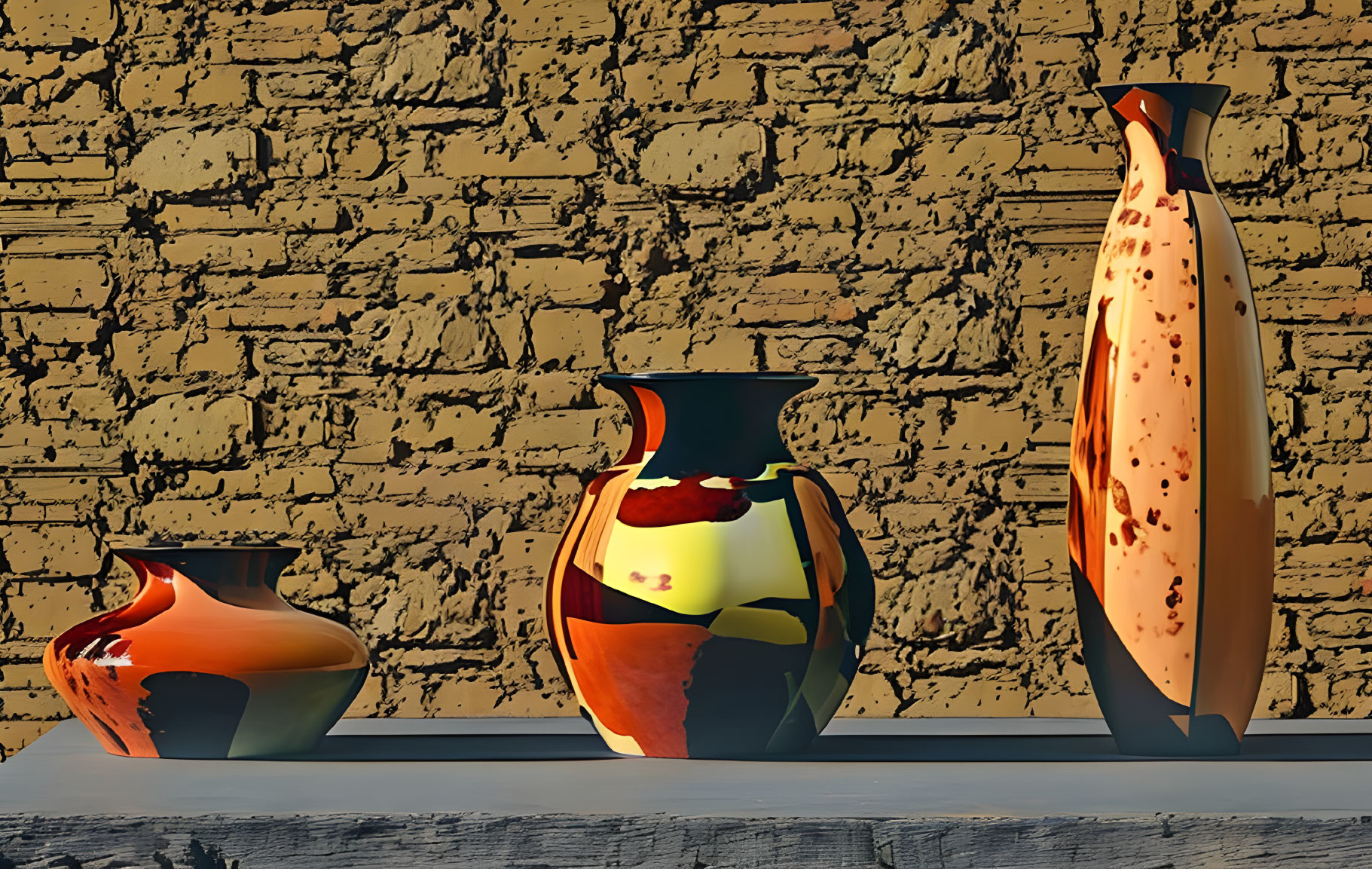 Abstract Designs on Three Decorative Vases Against Textured Brick Wall