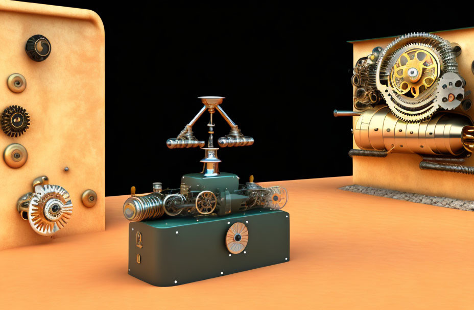 Whimsical steampunk 3D render with mechanical devices and orange backdrop