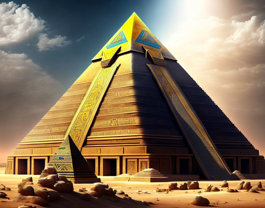 Digitally-enhanced ancient Egyptian pyramid with intricate hieroglyphs under warm sky