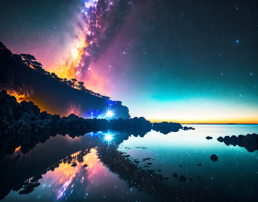 Tranquil nightscape with Milky Way galaxy reflection over water