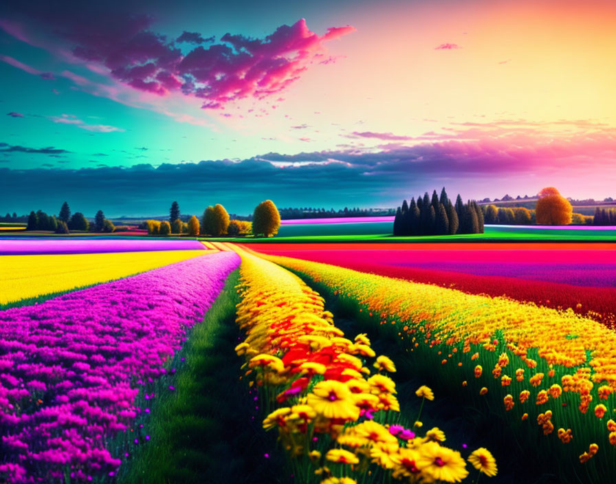 Colorful Flowering Fields Under Sunset Sky with Pink, Purple, and Blue Hues