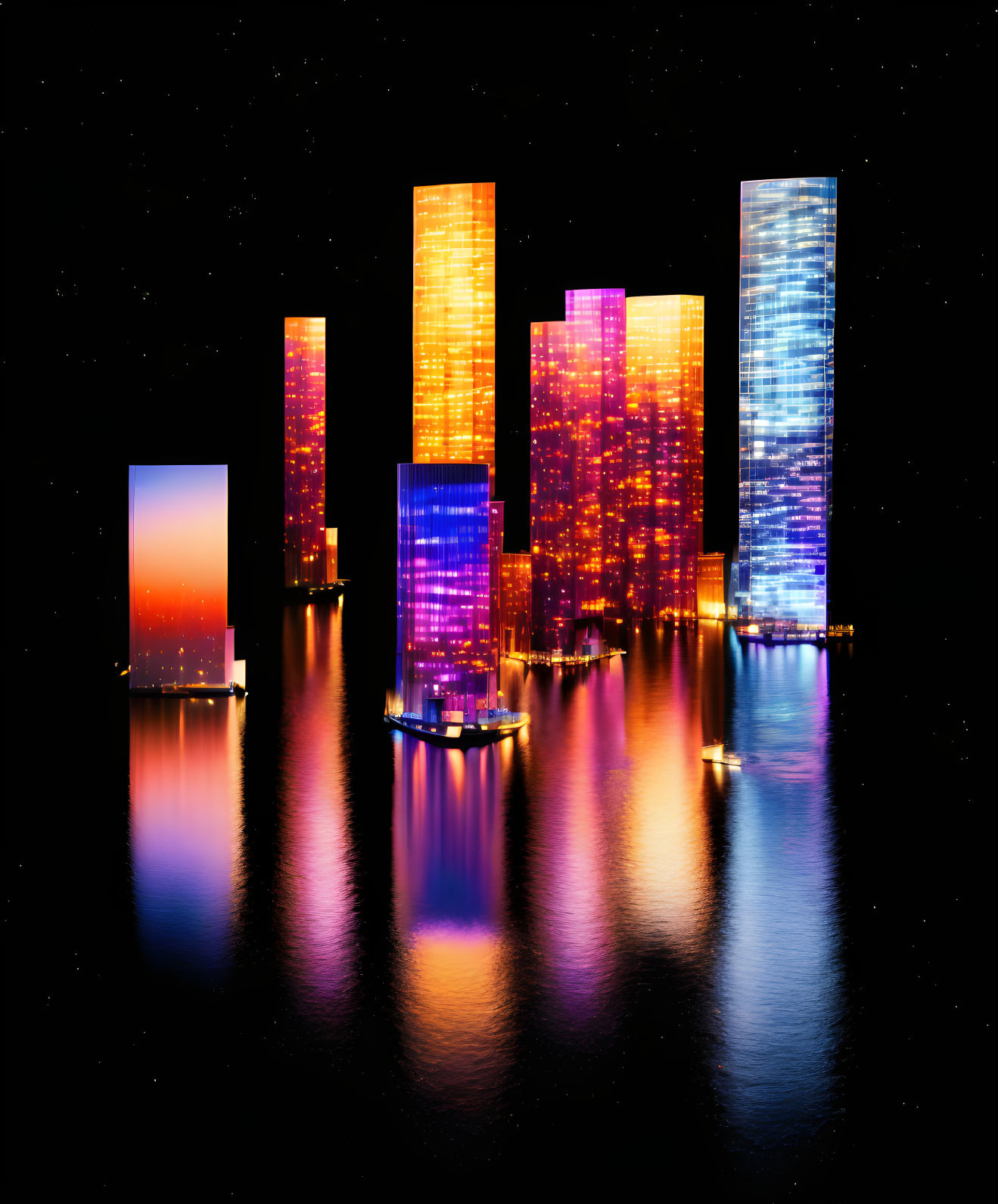 Illuminated cityscape with skyscrapers reflected on water at night