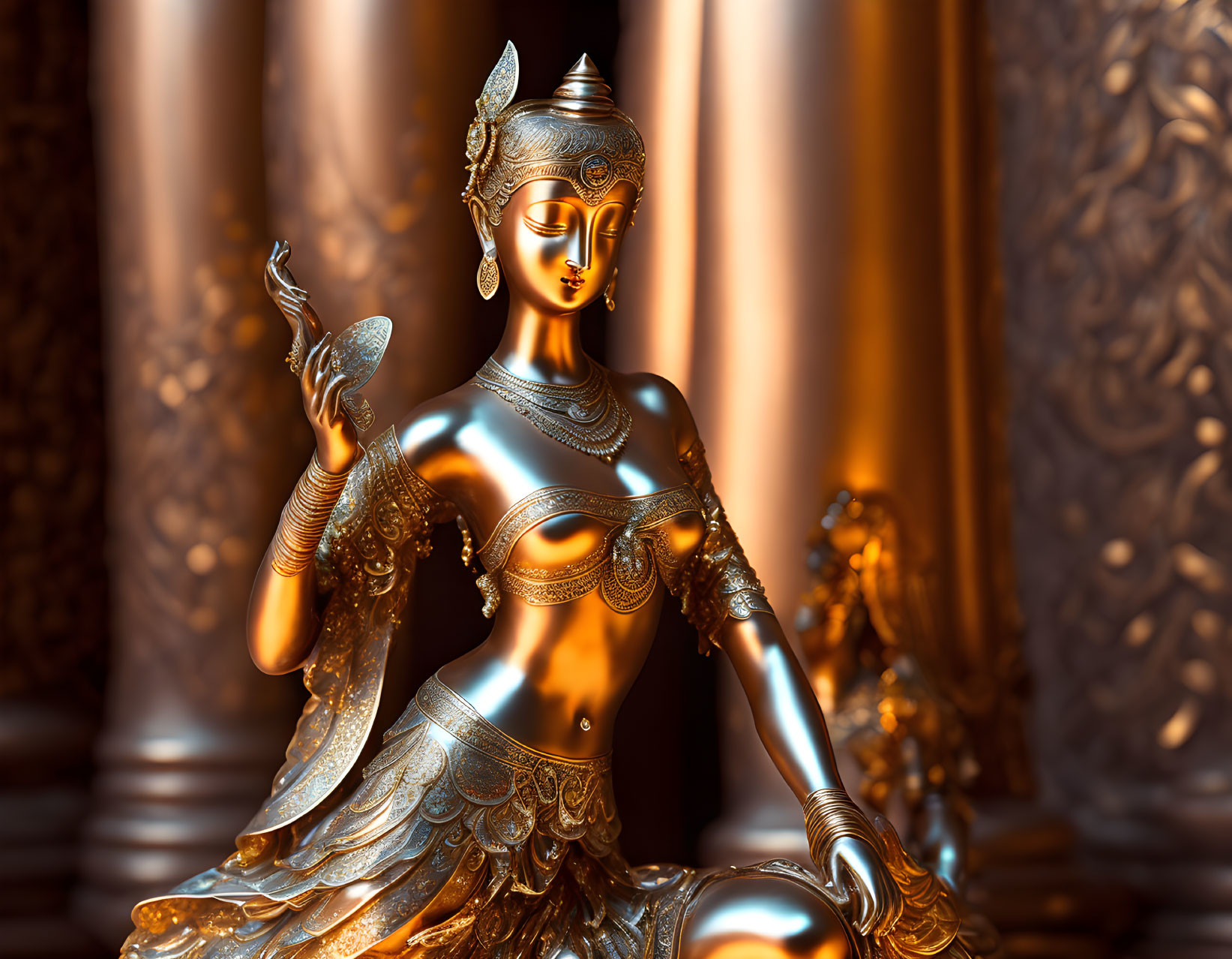 Golden statue of female figure with flower, intricate details, and decorative background.