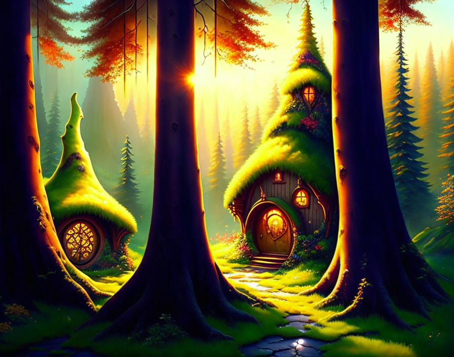 Whimsical tree houses in enchanted forest scene