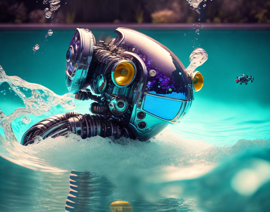 Futuristic robotic deep-sea diver with glowing eyes and robotic fish.