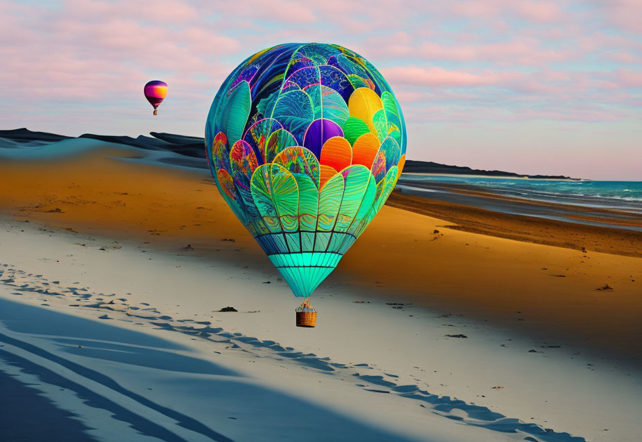 Colorful hot air balloon over desert at sunset with ocean in distance