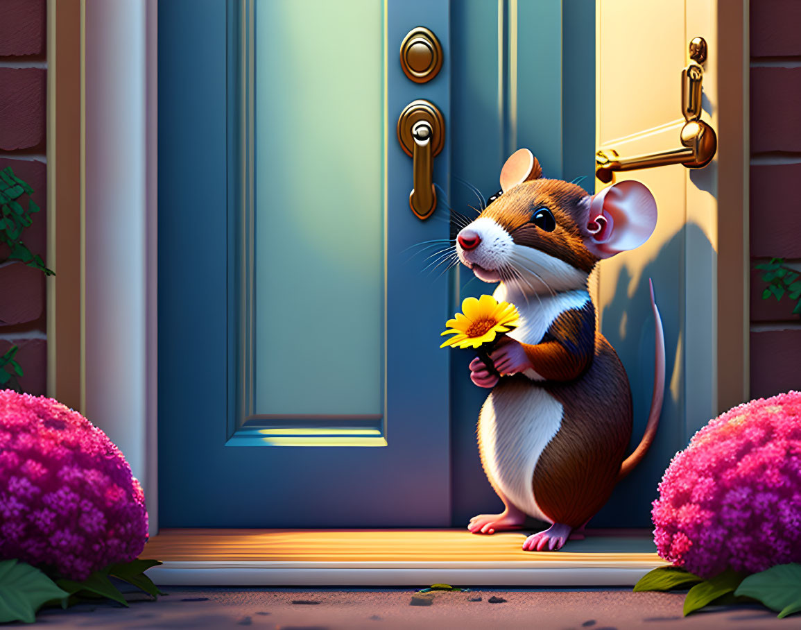 Animated mouse with yellow flower by blue door in cozy setting