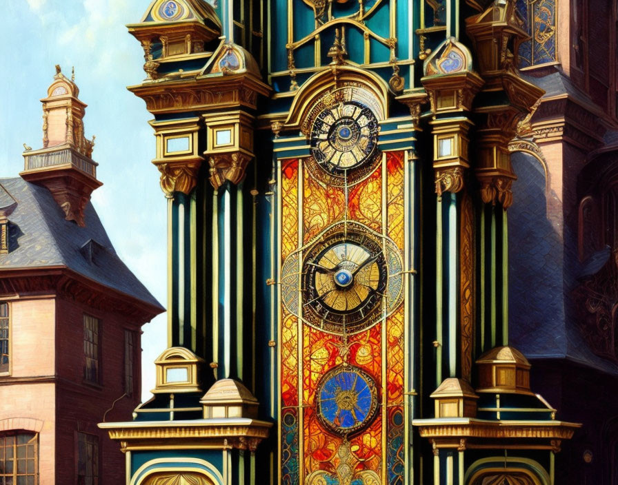 Intricate Stained Glass Clock Tower in European Setting