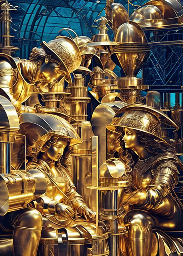 Golden warrior statues in helmets with futuristic blue background