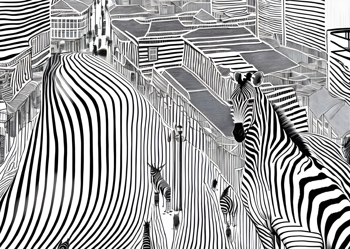 Monochrome illustration: Zebras blend into urban backdrop