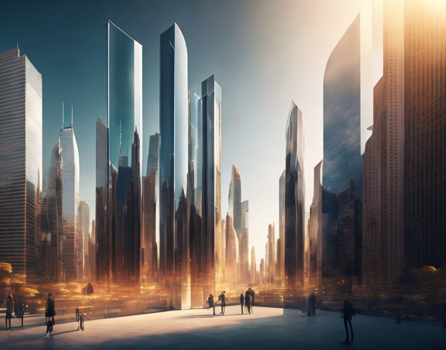 Futuristic cityscape with towering skyscrapers and warm sunlight.