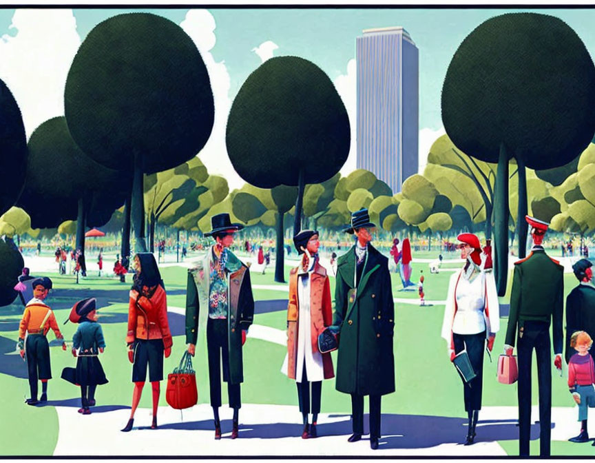 Vintage Clothing People Illustration in Park with Spherical Trees and Skyscraper