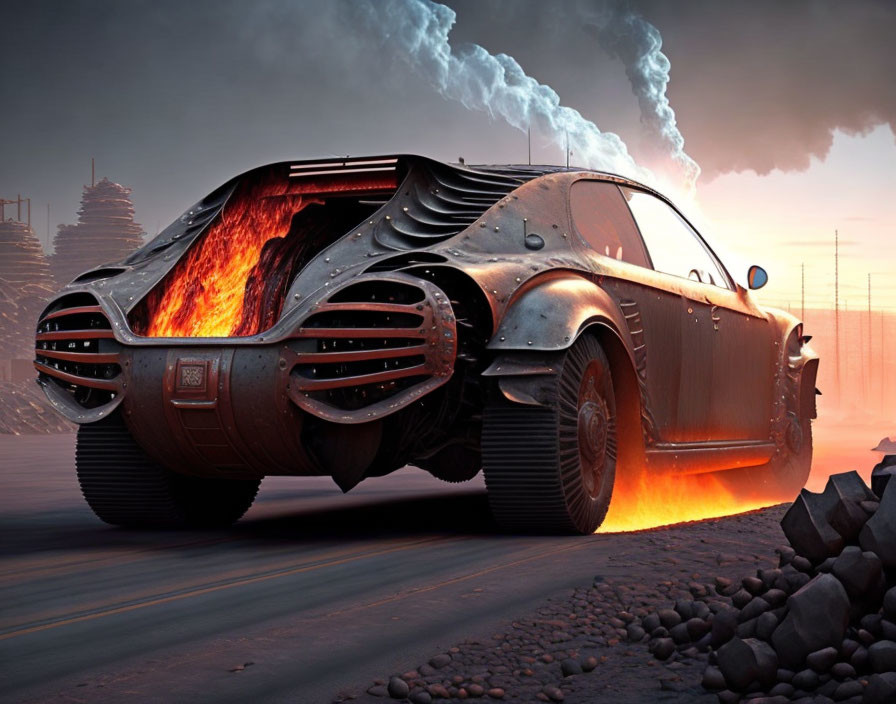 Futuristic car with fiery wheel races in dystopian landscape