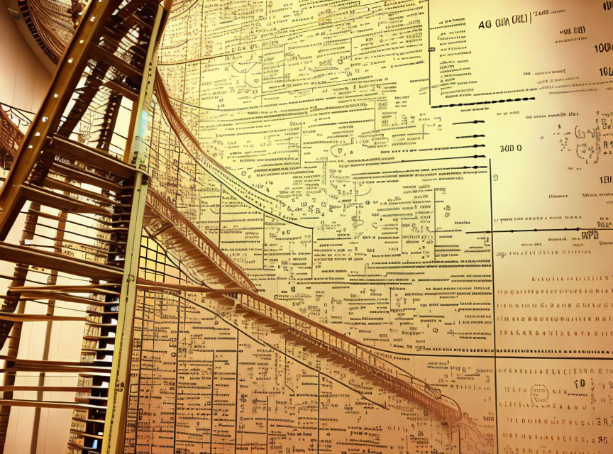 Sepia-toned spiral staircase with engineering diagrams overlayed