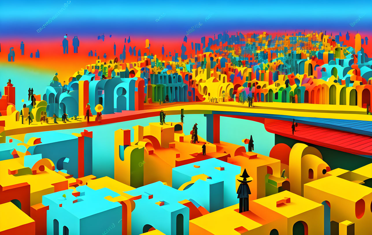 Colorful cityscape with arches and bridges in a whimsical style