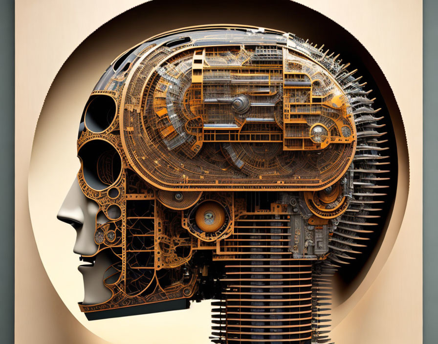 Human head profile with intricate mechanical brain gears symbolizing artificial intelligence