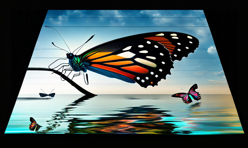 Colorful digital artwork featuring a butterfly on a branch with reflection, two smaller butterflies over water under a