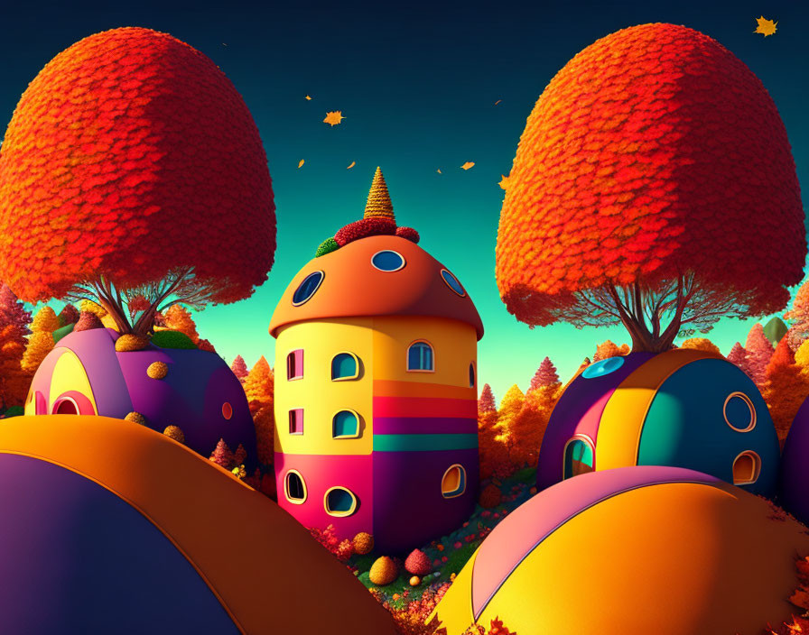 Colorful Teardrop-Shaped Houses in Fantasy Landscape at Twilight