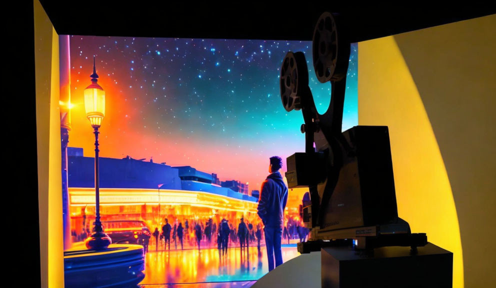 Silhouette of person by film projector viewing starlit cityscape