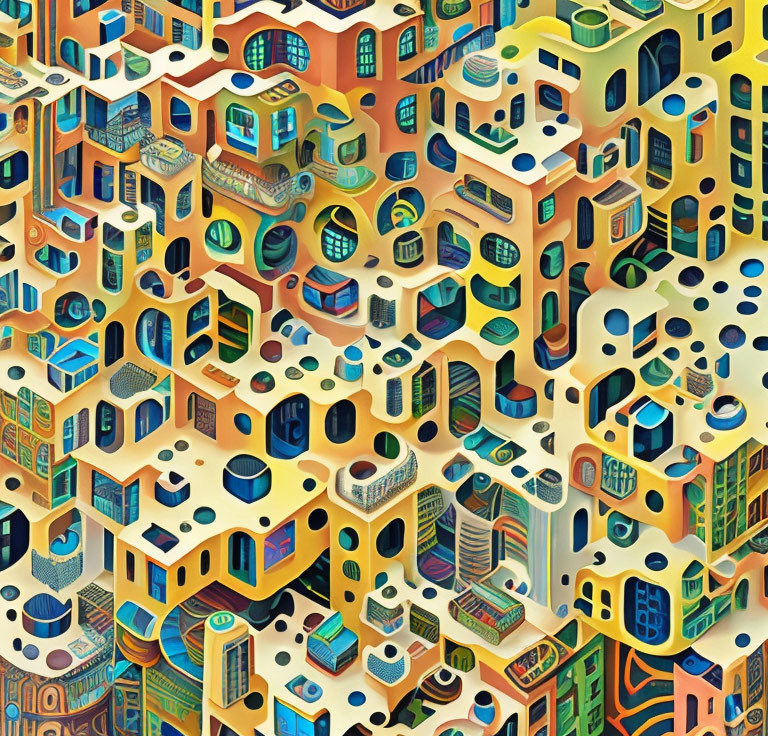 Colorful interconnected buildings with diverse patterns and windows reminiscent of Escher-like illusion