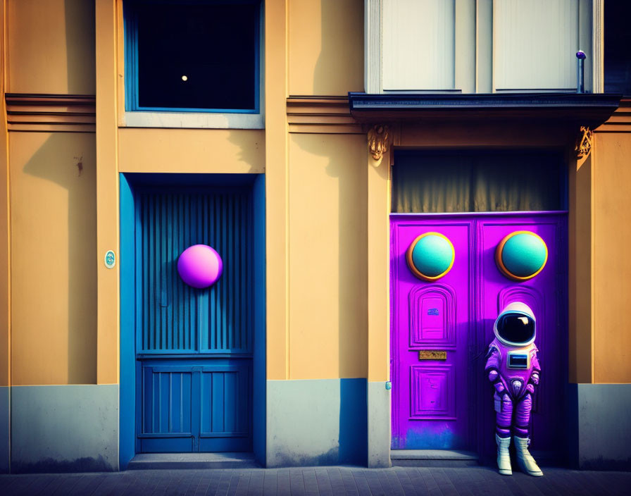 Colorful Building with Astronaut and Vibrant Doors