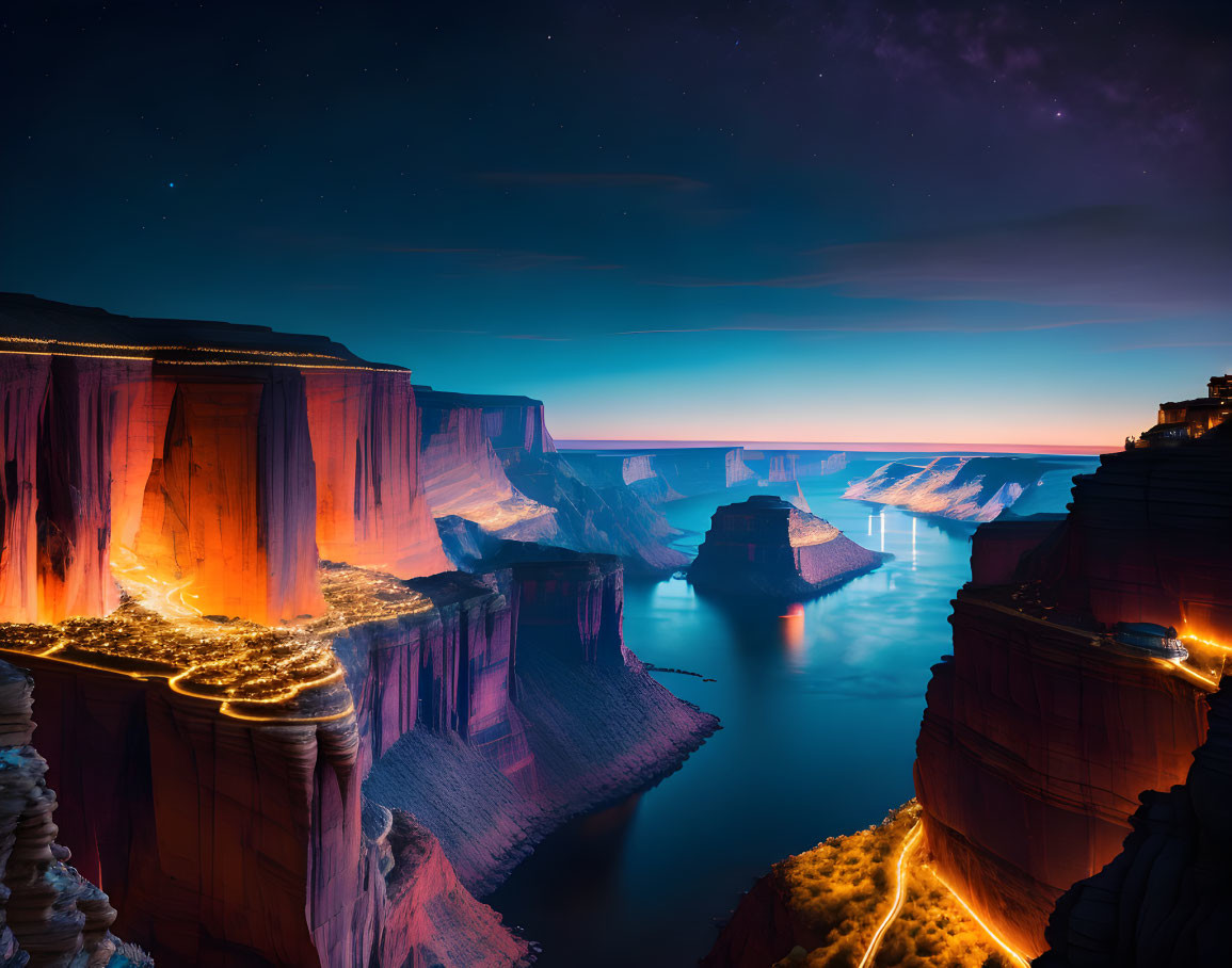 Nocturnal landscape with winding roads, canyon walls, river, and starry sky