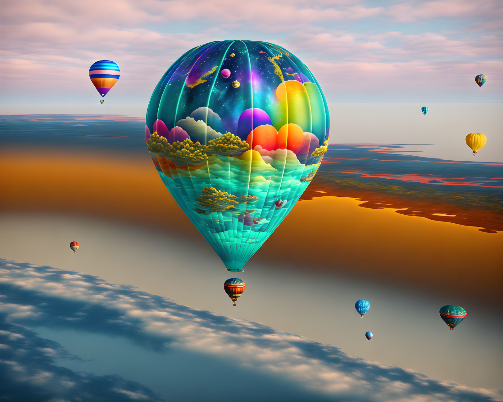 Colorful surreal landscape with floating hot air balloons