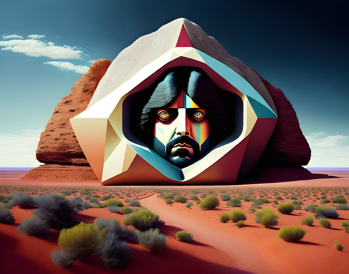 Surreal desert landscape with geometric structure and stylized human face