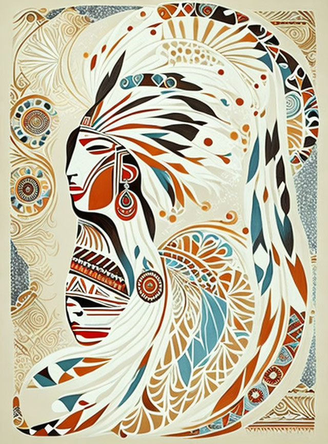 Portrait of a person with feathered headdress and intricate patterns in earthy tones