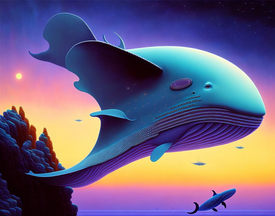 Gigantic whale with cityscape on back above alien landscape