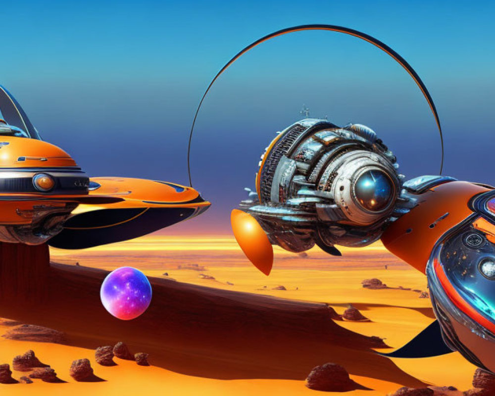 Futuristic spacecrafts over alien desert with colorful sky