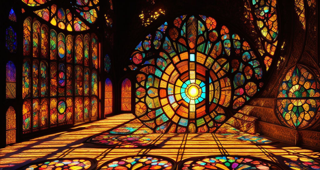 Colorful patterns from intricate stained glass windows in vibrant interior