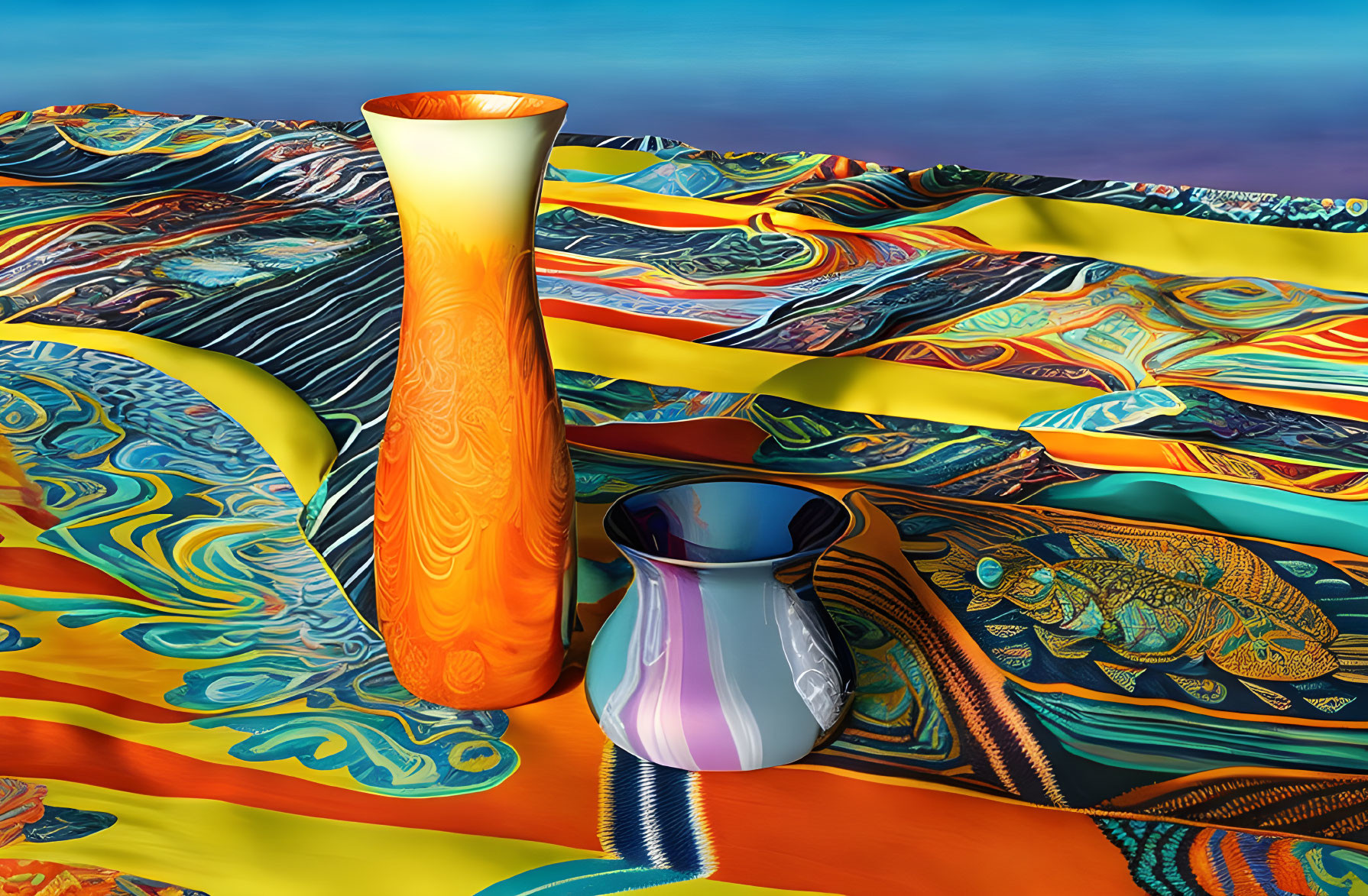 Colorful Abstract Image: Vibrant Rolling Landscape with Orange and Purple Vases