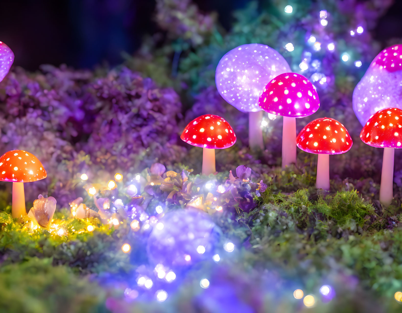 Red-capped decorative mushrooms in a fairy light garden.