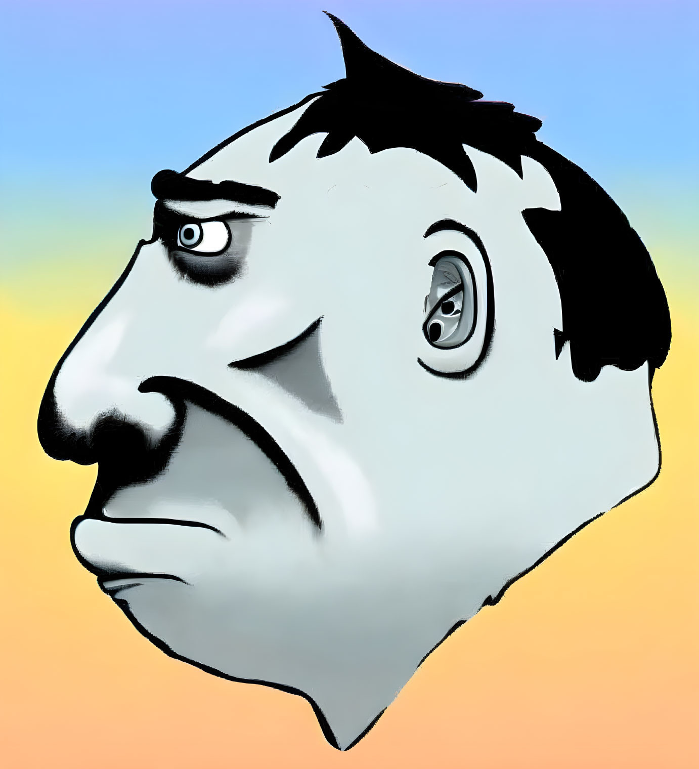 Illustrated profile of a man with exaggerated features on gradient background