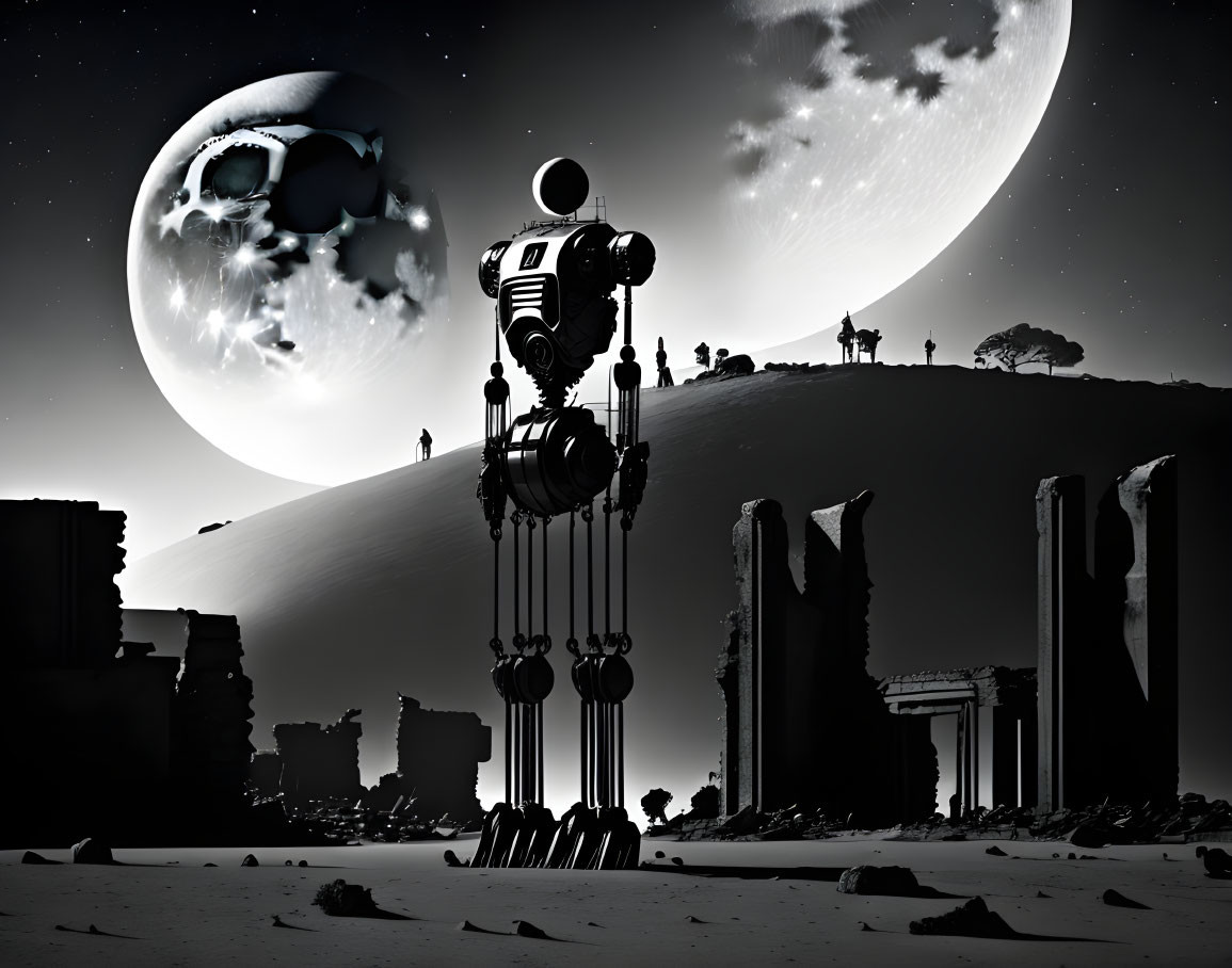 Monochrome sci-fi landscape with colossal robot and dual moons