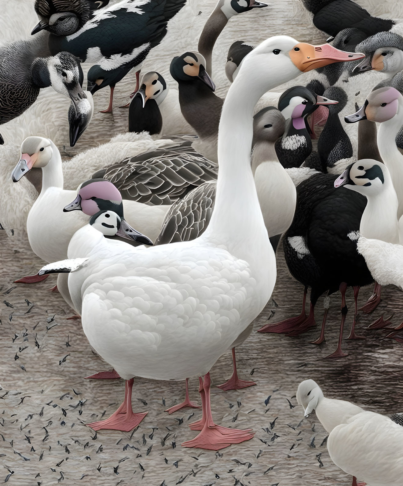 Large white goose with smaller birds perched, surrounded by more birds.