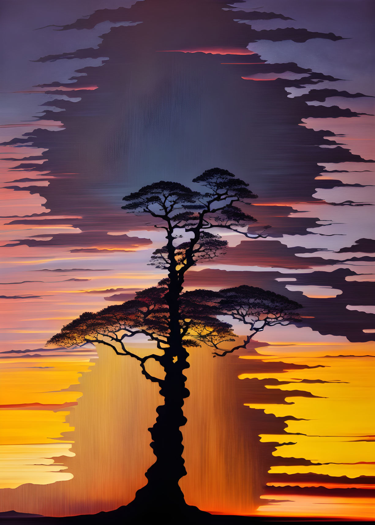 Vivid Sunset or Sunrise Tree Silhouette Against Colorful Sky