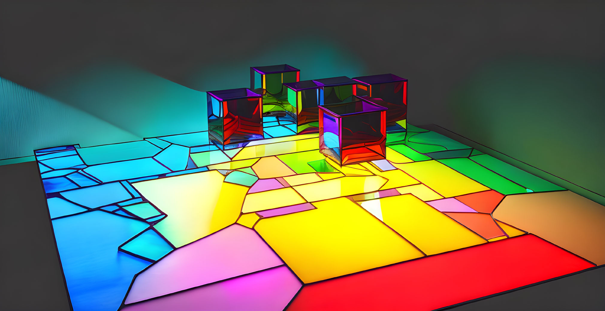 Vivid shadows of colorful transparent cubes on tessellated floor