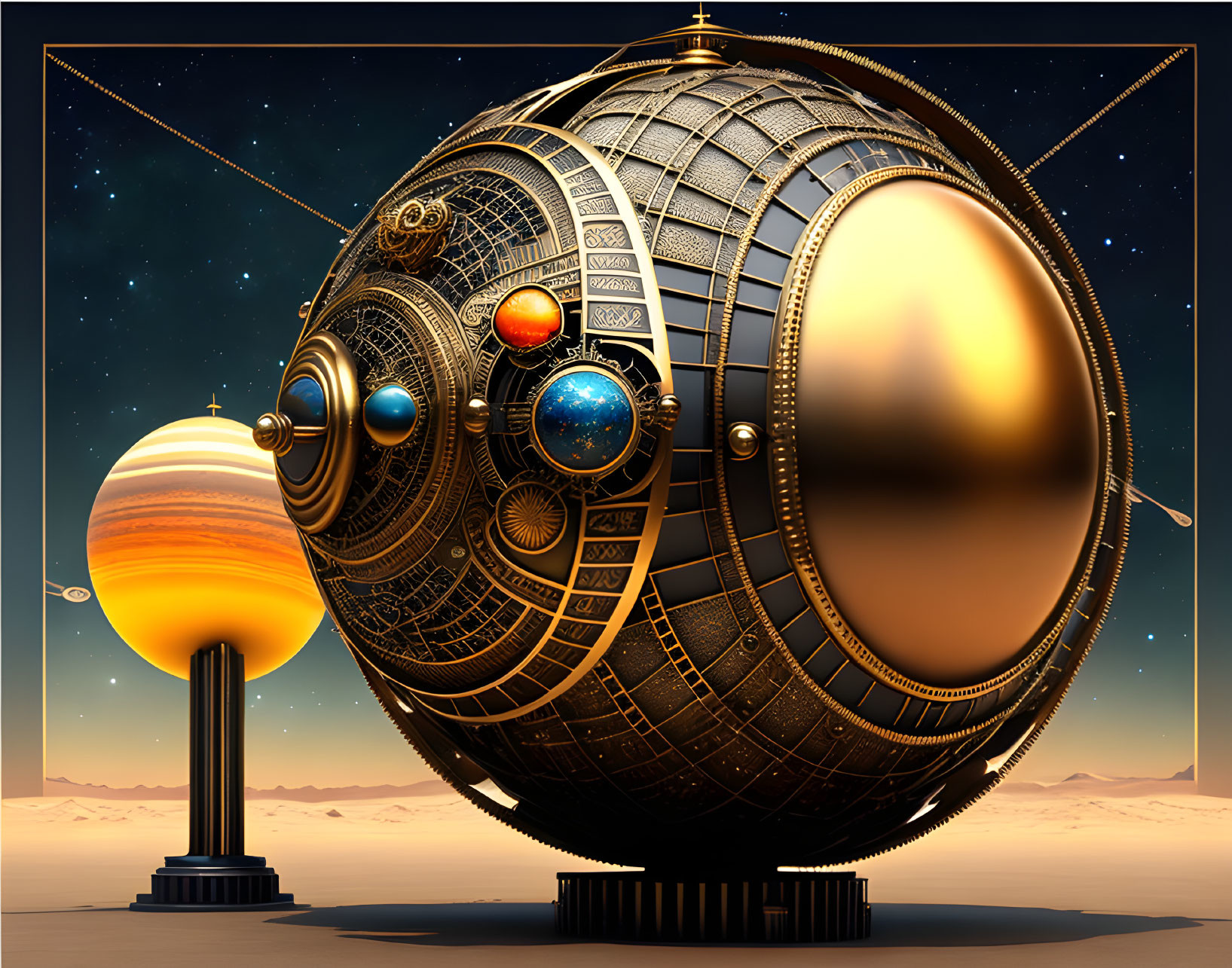 Intricate futuristic celestial orrery with mechanical gears and planetary orbs