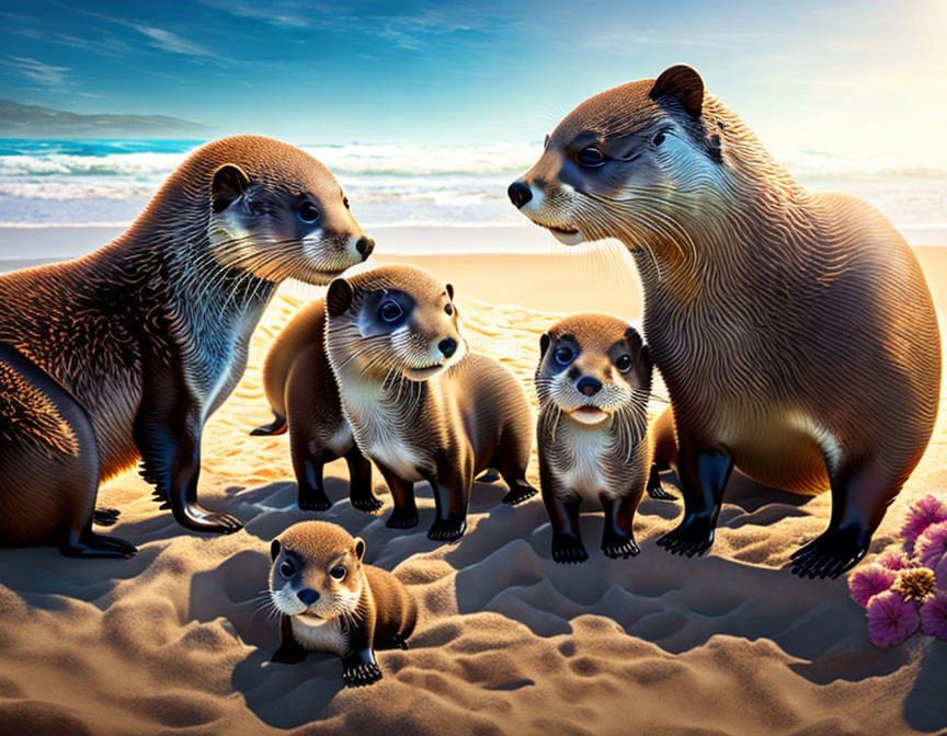 Otter family on sandy beach at sunset with ocean background.