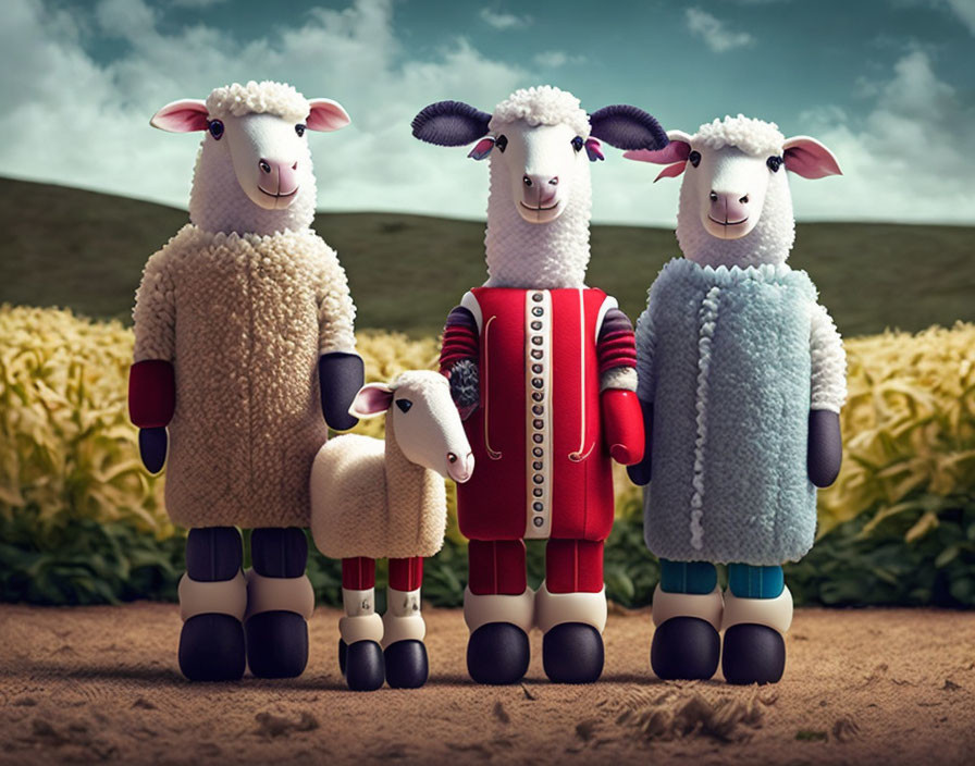 Plush Toy Sheep in Colorful Outfits on Green Field