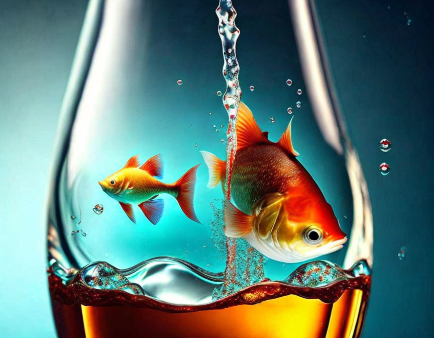 Fish in wine glass with splashes on turquoise background