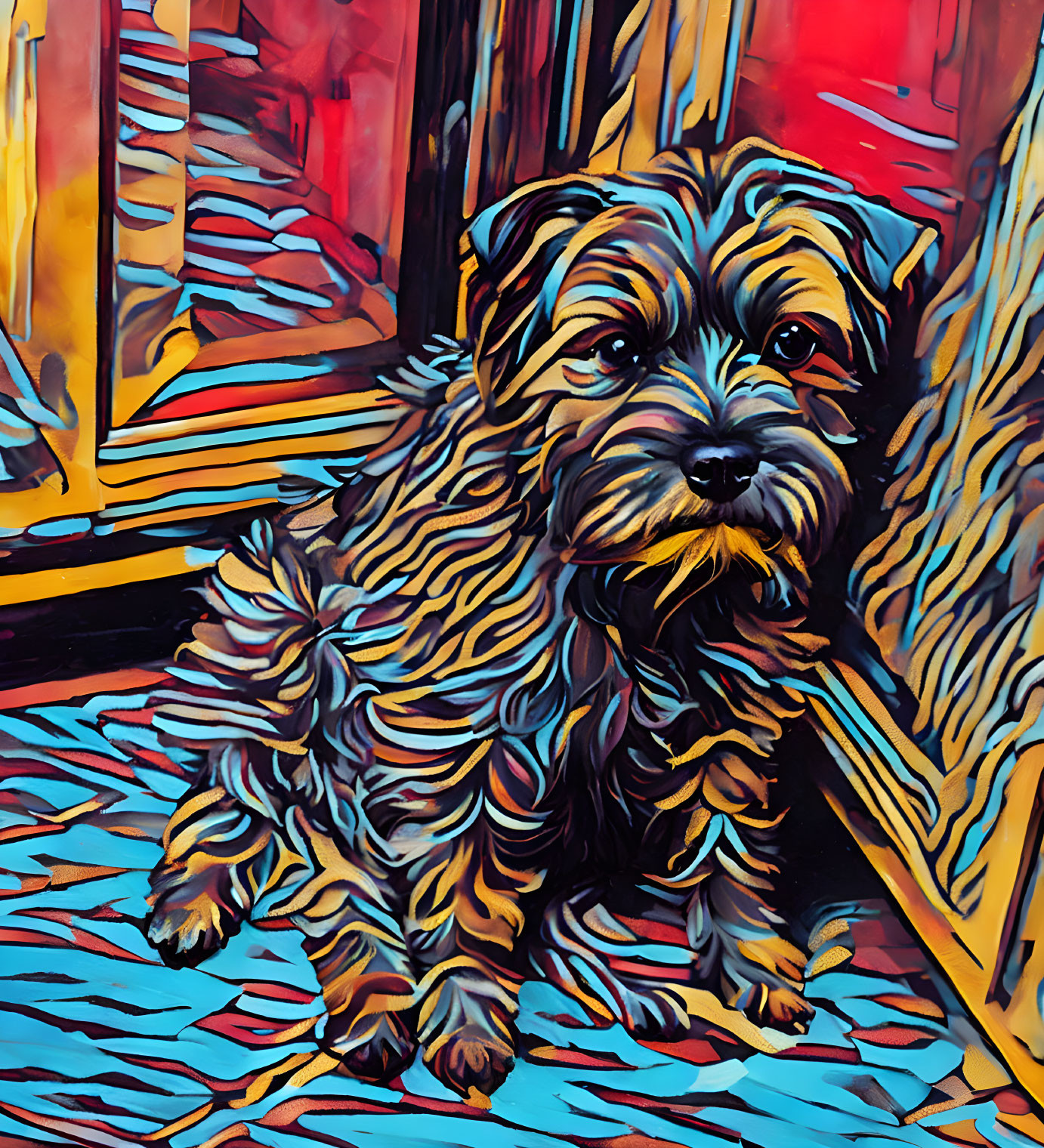 Stylized painting of small dog on patterned floor against vibrant background