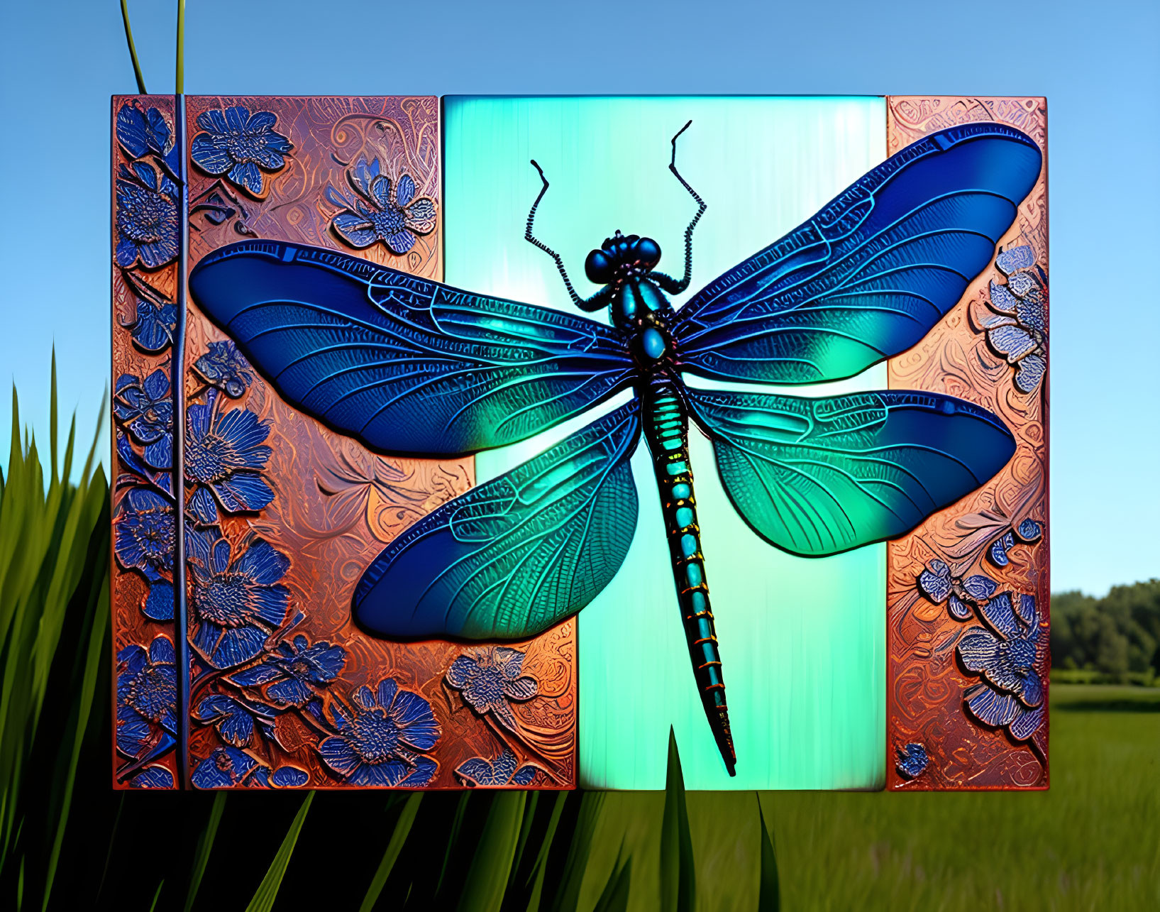 Detailed Dragonfly Art with Blue Wings on Ornate Three-Panel Background