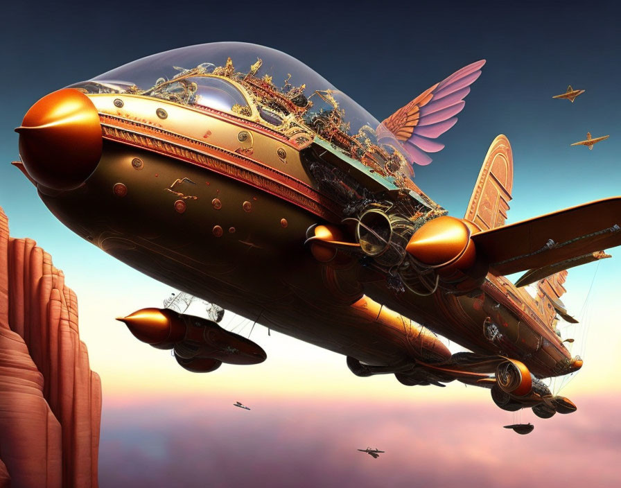 Steampunk-style airship with golden accents flying over desert at sunset