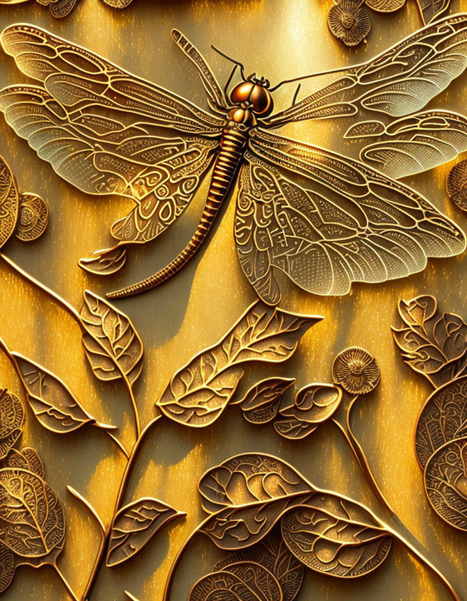 Golden dragonfly on textured background with embossed leaves and florals