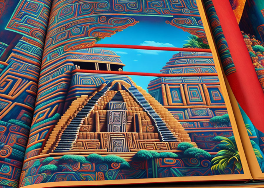 Colorful Mesoamerican pyramid illustration in open book