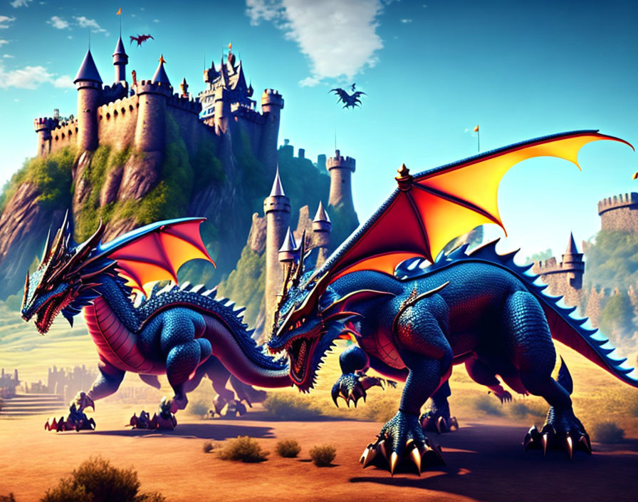 Majestic blue and red dragon in fantasy scene with castle and flying dragons