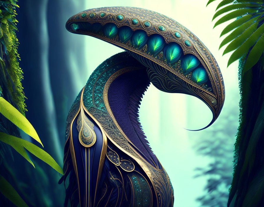 Ornate fantastical creature in lush blue forest